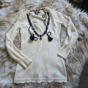 Free People Cream V-Neck Sweater with Black Embroidered Tassels